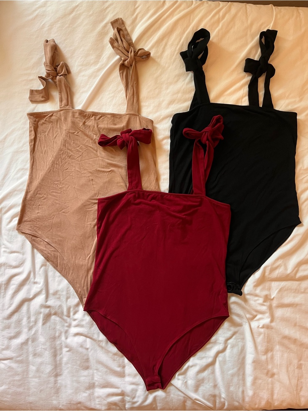 Mangopop Shoulder Tie Bodysuit Set of 3 - Black, Burgundy, Beige - XXL